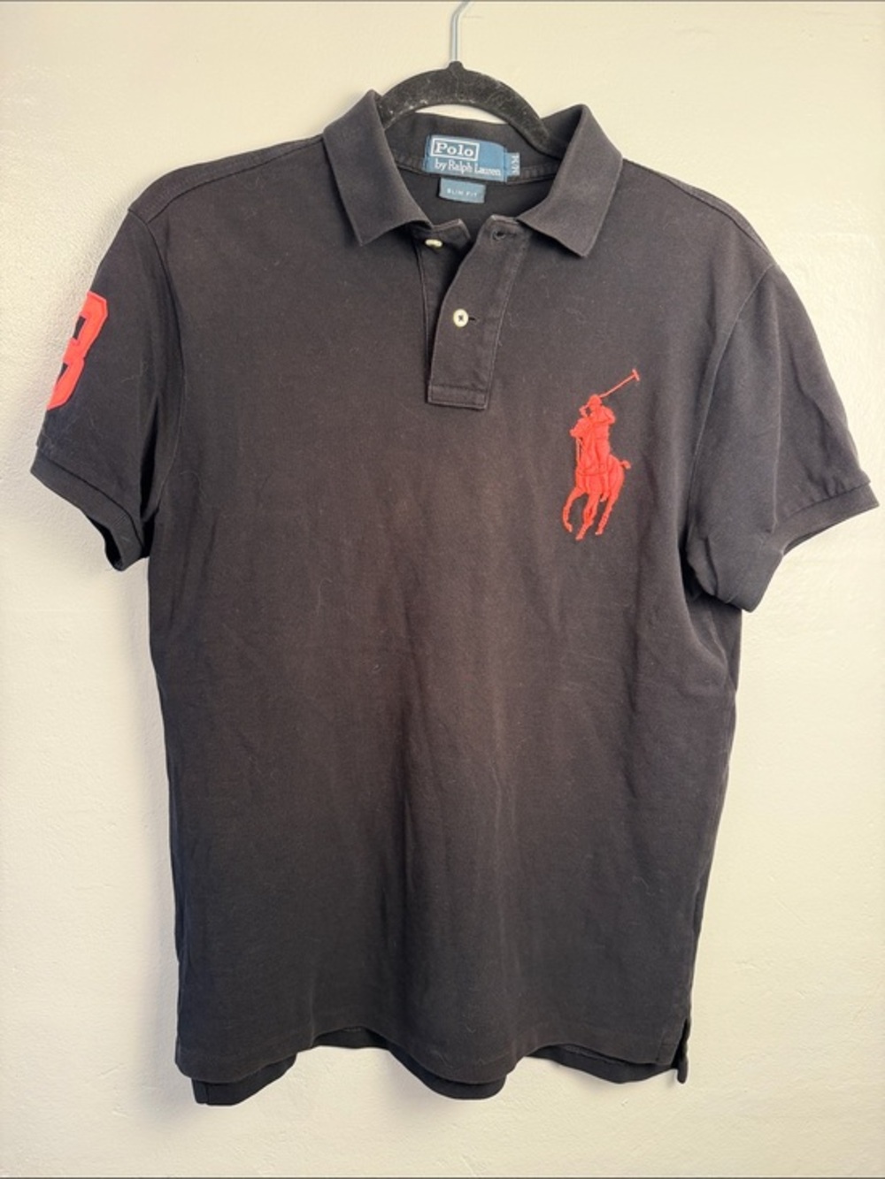 Polo by Ralph Lauren Black Polo with Red/ pink Pony & Sleeve Number slim fit med
